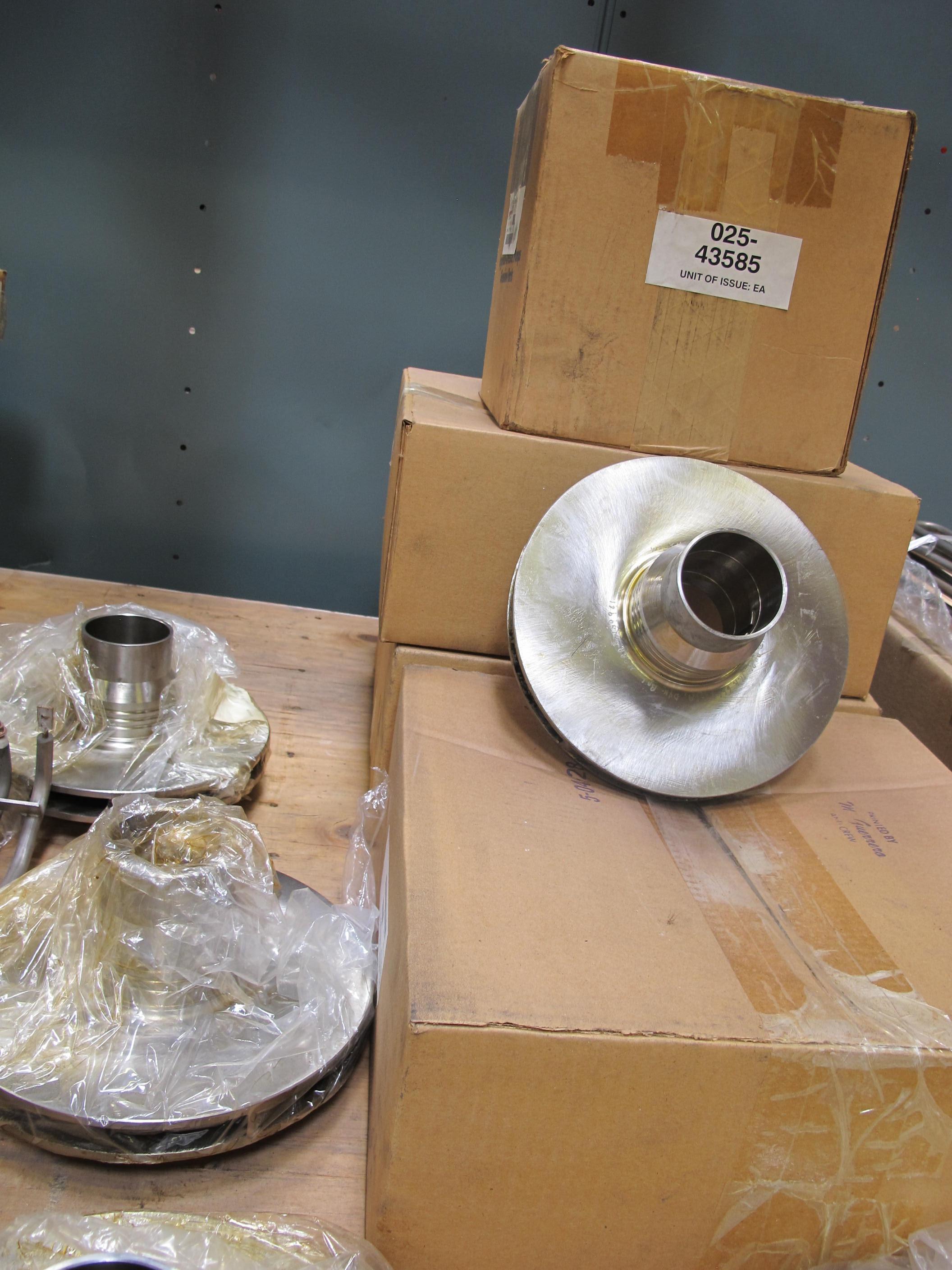 LOT TO INCLUDE: (6) HEATERS, SPACE TYPE, OIL KIND. 18" X 9-1/2" FOR LUBE SYSTEM, (6) HEATERS, SPACE TYPE, 220V, 400W RATING, (9) IMPELLERS, PUMP KIND, STL MATERIAL. INTERMEDIATE STAGE CONSTRUCTION. LOADING & HANDLING FEE $15-4138